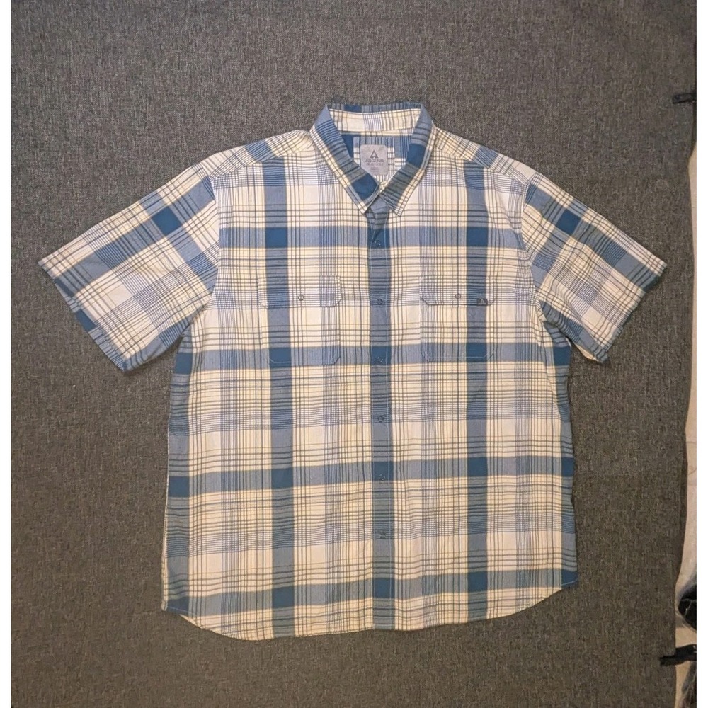 Ascend Button Up Shirt Mens 2XL Blue Plaid Check Short Sleeve Active Tee